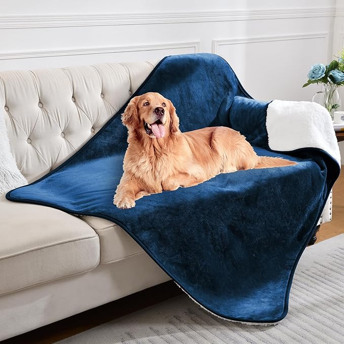 Waterproof Blanket for Bed Couch Sofa, Soft Liquid Pee Proof Pet Blanket for Dog Puppy Cat, Reversible Sherpa Fleece Furniture Protector (Navy Blue, 50x60 inches)