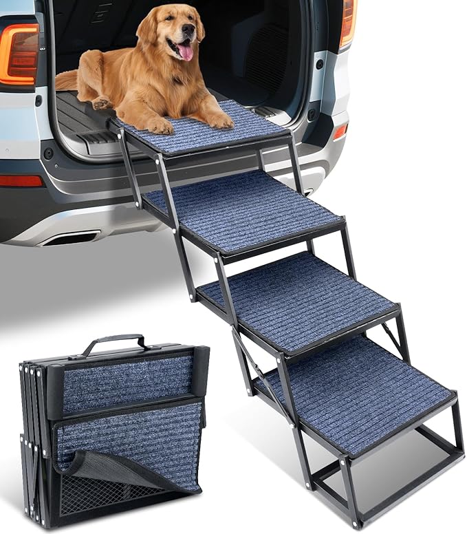 Dog Stairs for Car, 60''x 20'' Extra Wide Stairs for Large Dogs to 250 LBS, Portable Steps with Removable Non-Slip Surface, 4 Steps Foldable Dog Ramp for Car, SUV, High Bed/Couch