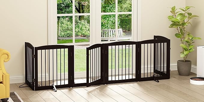 Freestanding Pet Gates with Walk Through Door, Dog Indoor Fence, Dog Gate for The House, Doorway, Stairs, Extra Wide Pet Gate, Support Feet Included, 120 Inch Wide, 6 Panels 24" Tall, Brown