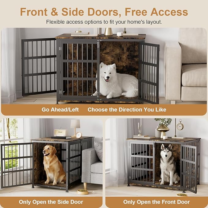 42" Furniture Style Large Dog Crate with Wheels, Metal Chew-Resistant Dog Kennel Indoor for Large & Medium Dogs, 41.9" W x 28.3" D x 31.7" H, Decorate House as TV Stand, End Table — Rustic Brown