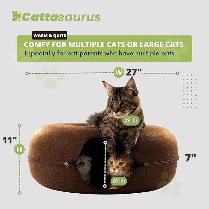 Cattasaurus Peekaboo Cat Cave Donut for Multiple & Large Cats up to 30-45 lbs, 3-in-1 Self Warming Cat Bed, Tunnel & Scratcher for Indoor Cats, Washable & Detachable Small Dog Bed (Brown, Jumbo)