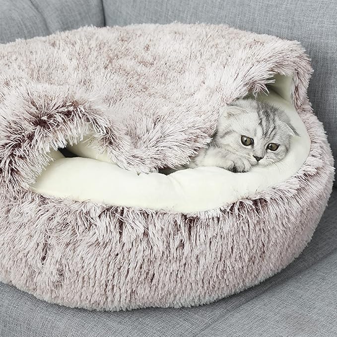 ShinHye Cat Bed Round Plush Fluffy Hooded Cat Bed Cave, Cozy for Indoor Cats or Small Dog beds, Soothing Pet Beds Doughnut Calm Anti-nxiety Dog Bed - Waterproof Bottom Washable (26×26inch, Coffee)