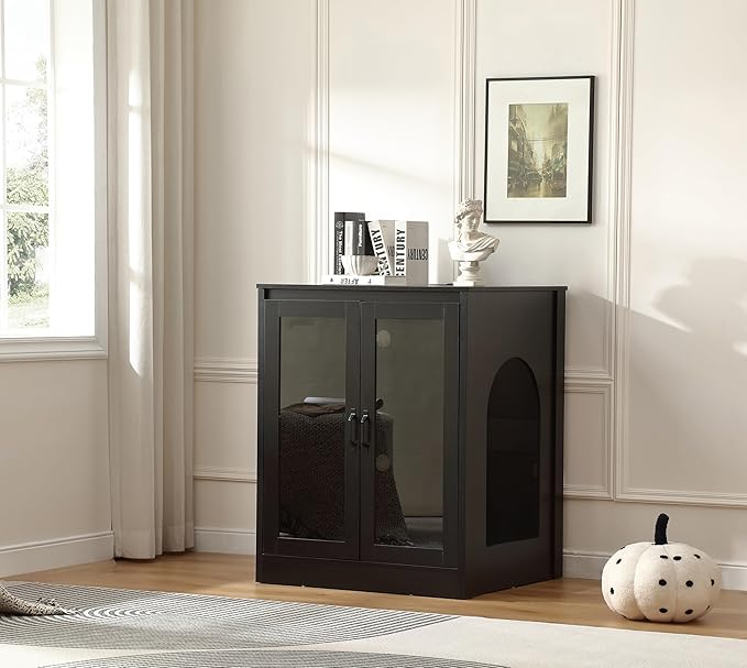 Cat Litter Enclosure with Cat-Observant Glass Doors,Litter Box Cabinet with Cozy LED for Cats,Reversible and Optional Entry(Left or Right),Power Outlet for More Choice,Black