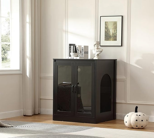 Cat Litter Enclosure with Cat-Observant Glass Doors,Litter Box Cabinet with Cozy LED for Cats,Reversible and Optional Entry(Left or Right),Power Outlet for More Choice,Black