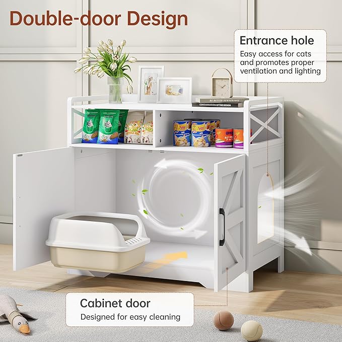 35" Ultra-Large Cat Litter Box Enclosure, Hidden Litter Box Cabinet with Anti-Tipping Fence and 2 Open Drawers, Enclosed Litter Box Furniture End Table, White