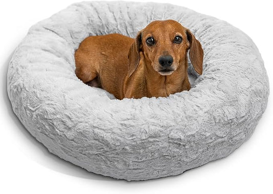 Best Friends by Sheri The Original Calming Donut Dog Bed – Washable Plush Pet Bed for Cats & Small Dogs up to 25 lbs, Lux Faux Fur, Gray, Small (23" x 23")