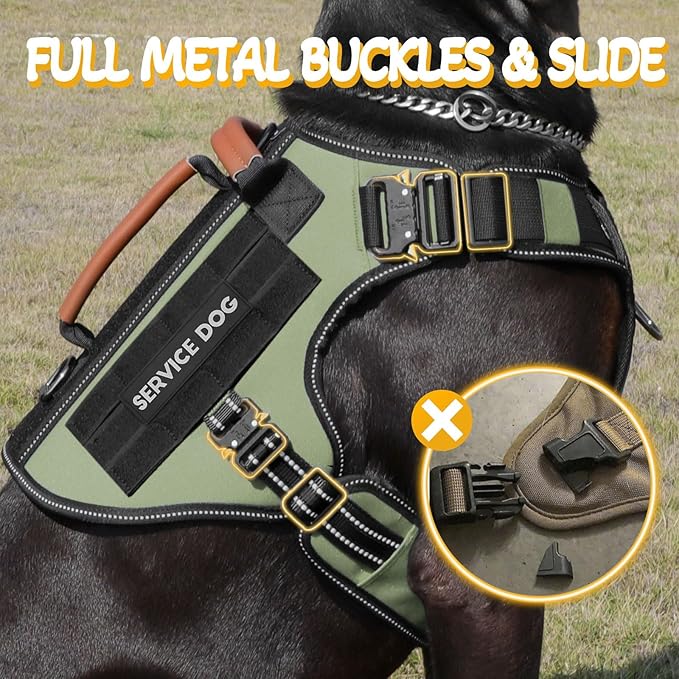 Tactical Dog Harness - HEYCAHVA Service Dog Vest Full Metal Buckles for Medium Large Dogs Reflective No Pull Dog Harnesses Vest with Leather Handle, Hook & Loop for Hiking Training (Green, L)
