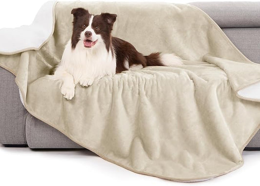 gogobunny Waterproof Bed Blanket, Reversible Sherpa Fleece Throw Blanket for Dog Puppy Cat, Furniture Cover Protects Bed Couch Sofa from Liquid Pee and Pet Fur (Cream, 90x108 inches)