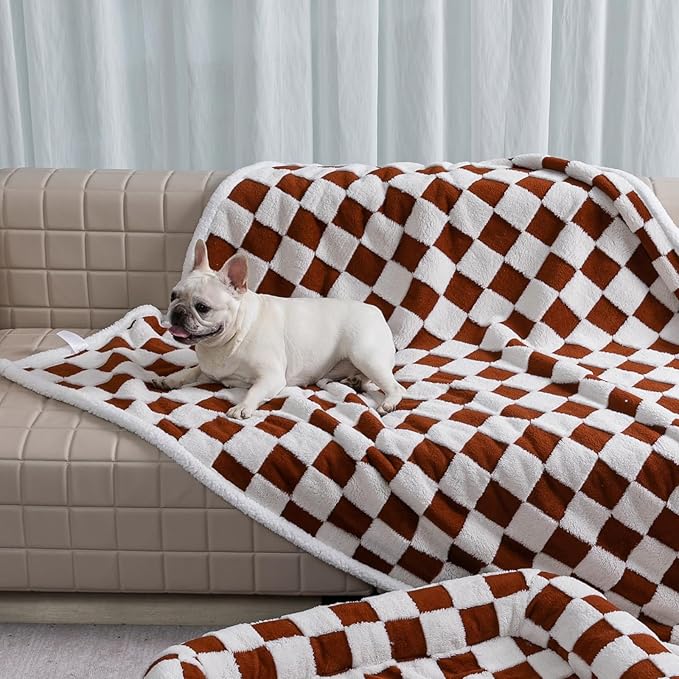 Waterproof Pet Blanket,Dog Bed Covers Small Throw for Puppy Cats Stylish Jacquard Pets Couch Sofa Furniture Protection Washable Reversible Covers (Coffee Check,XS)