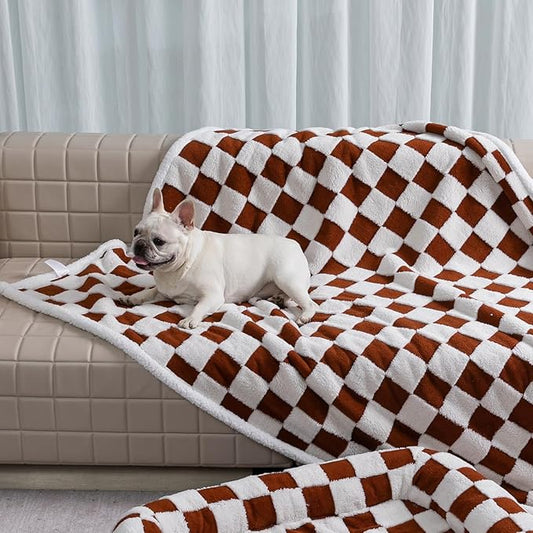 Waterproof Pet Blanket,Dog Bed Covers Small Throw for Puppy Cats Stylish Jacquard Pets Couch Sofa Furniture Protection Washable Reversible Covers (Coffee Check,XS)