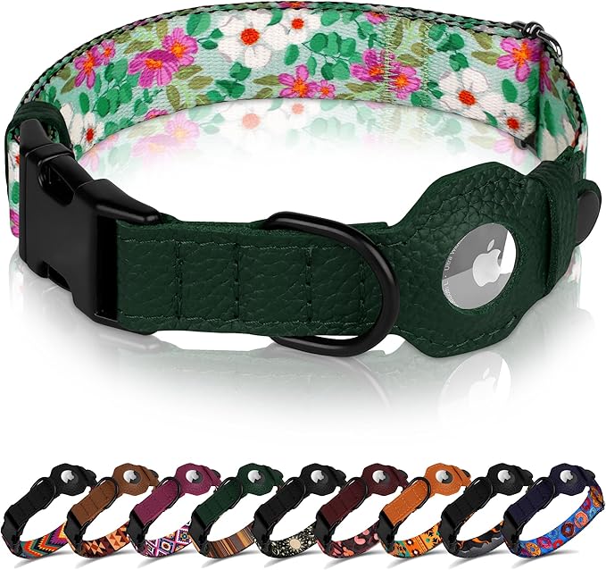 AirTag Dog Collar with Metal Buckle - Printed Nylon Soft Leather Dog Collar with Apple AirTag Holder - Secure Tracking GPS Pet Collars for Girl Boy Small Large Dogs (S, 12"-15" Neck Fit, Floral)