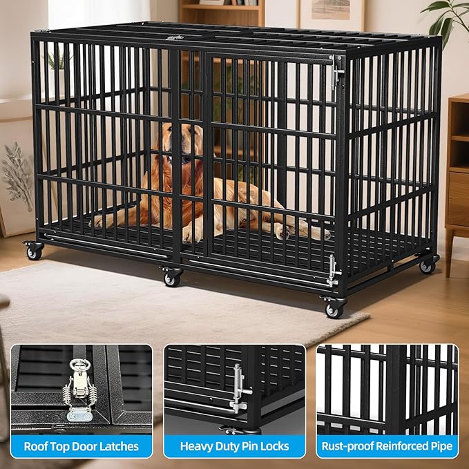 64" Heavy Duty Dog Crate Indestructible Dog Pet Kennel Cage for Extra Large Giant Breeds Double Doors Locakable Wheels High Anxiety Escape Proof Pet Dog Playpen