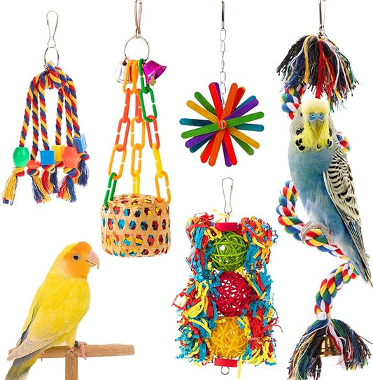 5PCS Bird Toys Set for Parrots - Shredding Chewing Foraging Activity Toys Safe for Cockatiel Mynah Finch Lovebirds - Cage Enrichment Accessories