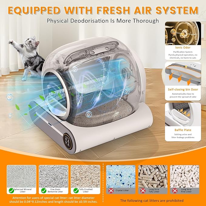 Self Cleaning Cat Litter Box, 65L+ 9 L Extra Large Robot Automatic Litter Box for Multiple Cats, APP Control, Deodorization & Negative ion Sterilization with cat litters Boxes Bags,[White]