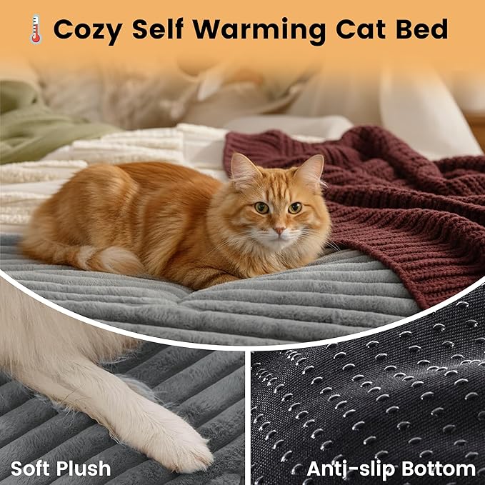 Self Warming Cat Bed, Small Self Heating Pet Crate Pad, Thermal Extra Warm Dog Mat for Indoor Kitten and Outdoor, Non Slip, Washable, 24" × 18", Grey