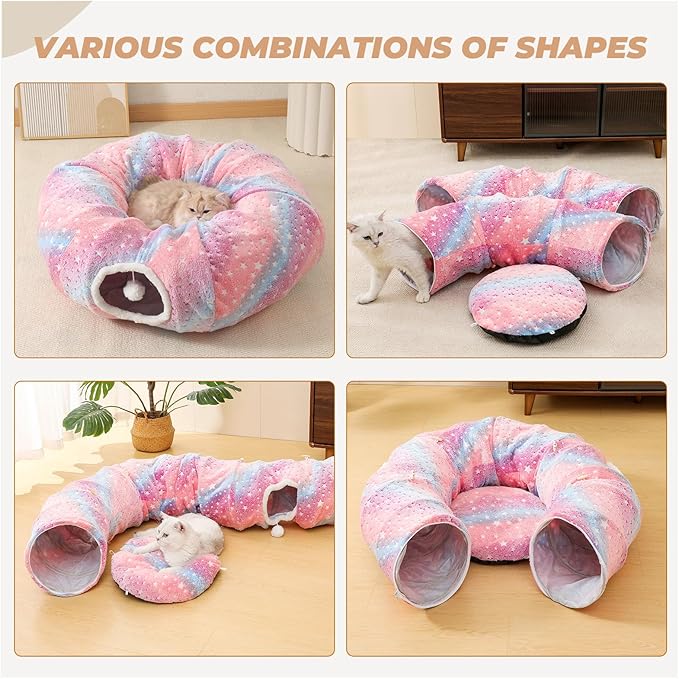 Under Christmas Tree Large Cat Tunnels Bed Tube for Indoor Cats Glows in The Dark Cat Tunnel with Cushion and Plush Ball Toy Longer Playground Toys for Dog Puppy Kitten Rabbit Pet Rainbow