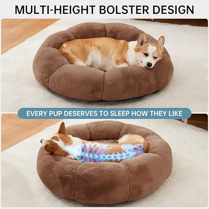 OhGeni 31 inches Calming Donut Orthopedic Dog & Cat Bed for Medium Pets, Warming Comfort Fluffy Short Pile Fur, Durable Waterproof Machine Washable Removable Cover, Cute Round Bed for Puppy, Brown