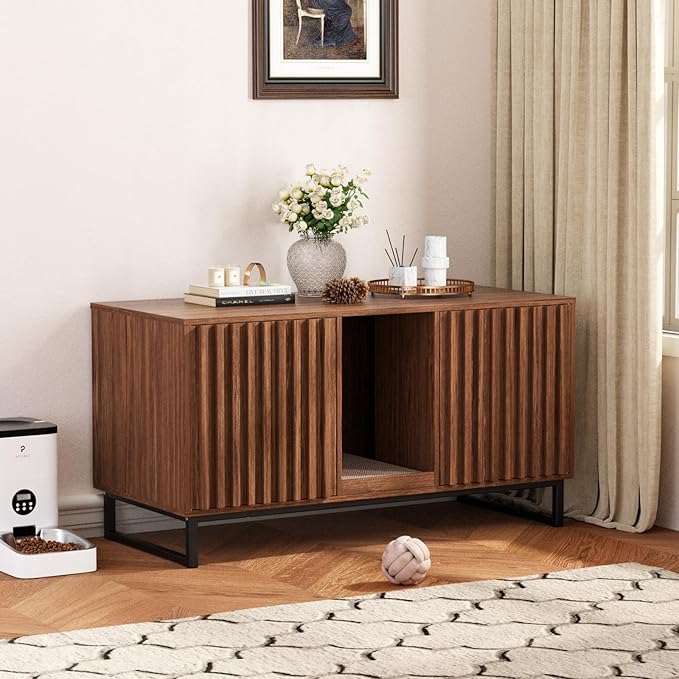 Double Litter Box Enclosure,Modern Cat Litter Box Enclosure for 2 Cats, Hidden Litter Box with Cat Scratch Pad, Cat Washroom Cat House End Table, Entryway Bench for Livingroom (Brown)