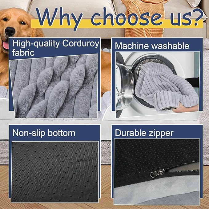 Orthopedic Dog Bed for Large Medium Sized, Washable Memory Foam Large Dog Bed Premium Soft Corduroy Fleece, Durable Medium Pet Sofa with Removable Cover, Washable Waterproof Pet Couch Beds(Grey, XXL)