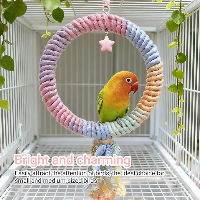 Bird Swing,Gradient Colorful Cotton Rope Bird Swing Cage Hanging Toys,Bird Cage Climbing Rope Toys Accessories,for Cockatiel Conure Cockatoo Parakeet Cage Hanging Decor(Round,Diameter:7.9")