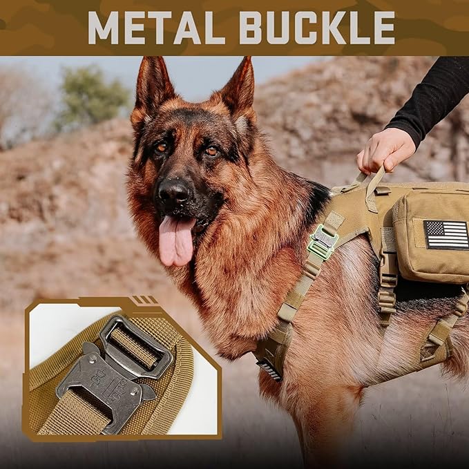 Forestpaw Tactical Dog Harness for Large Dogs,Tactical Dog Collar with Bungee Leash Set,No Pull Military Dog Harness for Walking Training,Adjustable for Medium Large Dogs,Khaki,Chest 21.5-45"