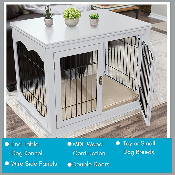 BIRDROCK HOME Decorative Dog Kennel with Pet Bed - Small Indoor Pet Crate, Double Door Design, Engineered Wood & Metal Wire, Furniture-Style House for Small Dogs, Side Table or Nightstand, White