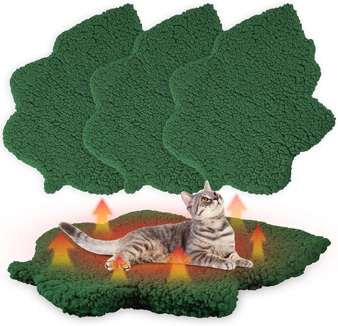 3 Pack Self Warming Cat Dog Bed Leaf Shape Self Heating Pet Mat Non Electric Washable Thermal Sleeping Pad Plush Heated Pet Mat for Crate Floor Indoor Outdoor(Dark Green,Medium-18 x24)