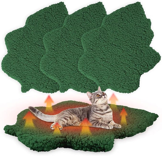 3 Pack Self Warming Cat Dog Bed Leaf Shape Self Heating Pet Mat Non Electric Washable Thermal Sleeping Pad Plush Heated Pet Mat for Crate Floor Indoor Outdoor(Dark Green,Medium-18 x24)