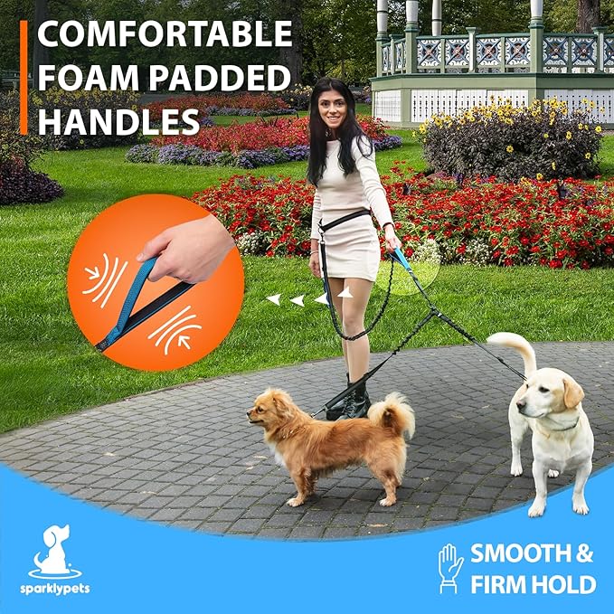 SparklyPets - Hands Free Double Dog Leash - Dual Dog Leash for 2 Small Dogs - with Padded Handles, Reflective Stitches - No Pull, Tangle Free, for Walking, Hiking, Canicross - for Small Dogs