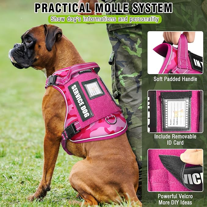 Tactical Service Dog Vest and Leash Set,Heavy Duty No Pull Dog Harness and 10 Patches with Dog Seat Belt for Large Dogs,Reflective Pet Harness for Training Walking Hiking Camo Pink L