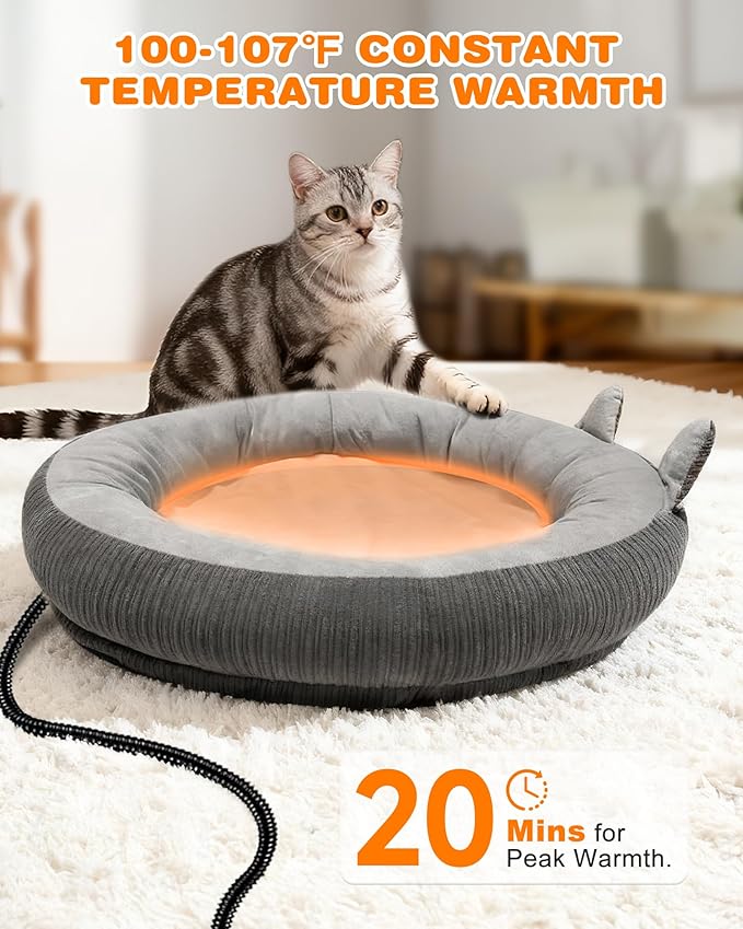 Heated Cat Bed for Indoor Pets – Constant Temperature 100.4-107.6℉ Donut Cat Heating Pad with Chew Resistant 87 Inch Cord, Washable Cover, Cozy Round Pet Bed for Small Cats Kittens Dogs