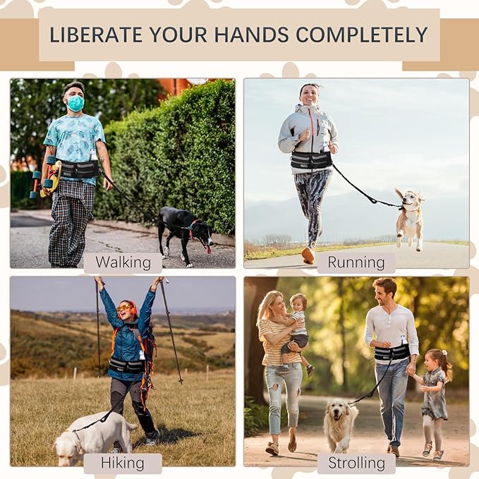 Hands-Free Waist Leash with Pouch for Two Dogs: Reflective Stitching, Dual Handle & Bungee Retractable Design – Ideal for Medium to Large Dogs (Grey) – Dog Walking Accessories