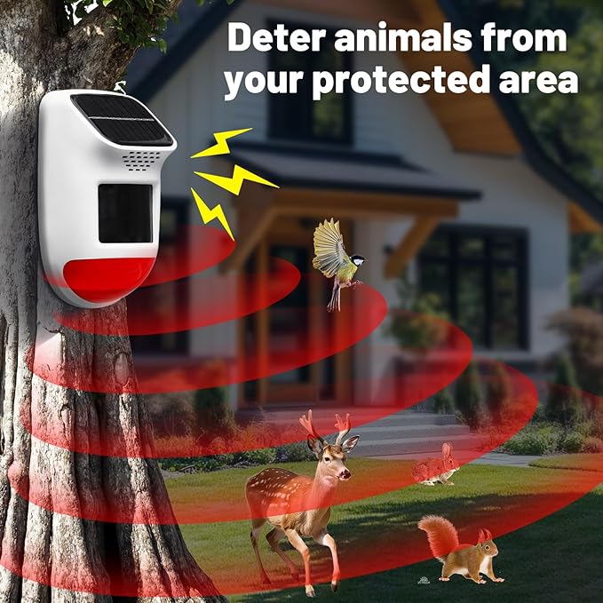 Solar Motion Sensor Alarm - 120dB IP65 Waterproof Security Siren with Remote & Strobe Light, 3 Modes for Yard/Farm/Home, 5-8m Pet-Friendly Detection (Animal Sound (Or You can add Your own Voice))