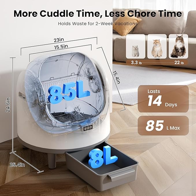 Bashaw Self Cleaning Litter Box, Automatic Cat Litter Box for Multiple Cats, App Control with Safety Sensors, Open Top, Includes Scent Cartridge, Litter Mat & 2 Roll Garbage Bags (White)