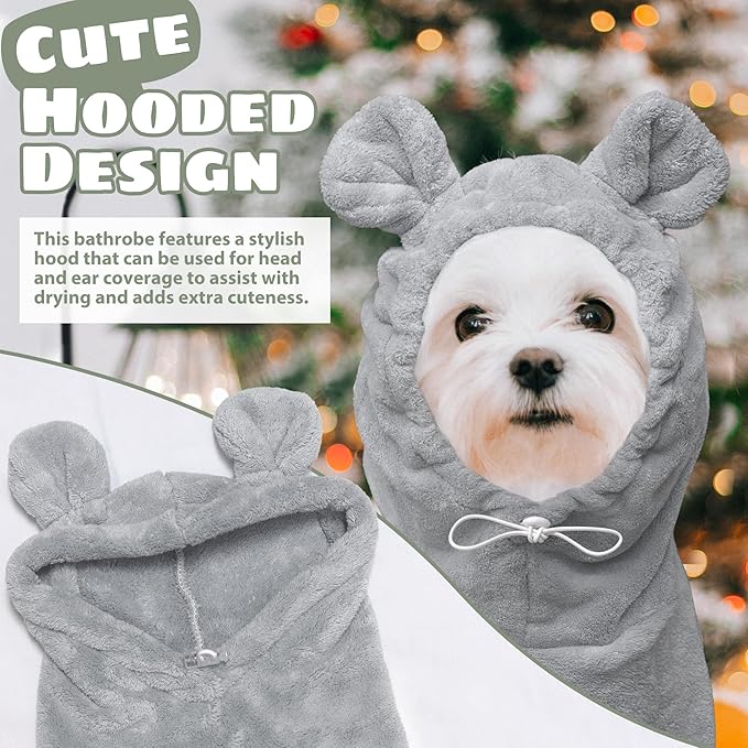 Dog Bathrobe Super Absorbent Towel Robe - Microfiber Bath Towels Fast Drying Coat for Dogs, Cute Dogs Clothes Adjustable Collar & Belly Strap Warm Keeping Hooded Dog Towel (Grey, Small)