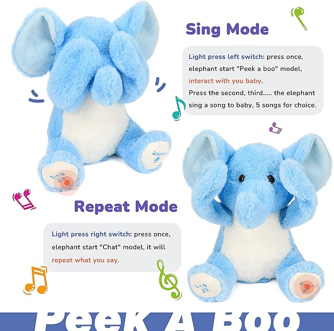 Hopearl Peek A Boo Elephant Interactive Repeats What You Say Plush Elephish Toy Musical Singing Talking Stuffed Animal Adorable Electric Animate Birthday Festival, Blue, 11.5''