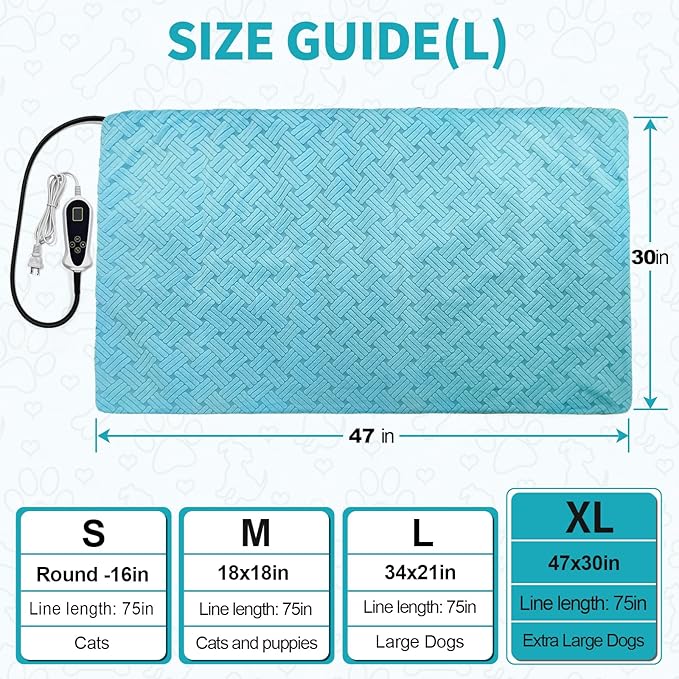 Dog Heating Pad 47x30 in, Pet Heating Pad for Dog Cat, Smart Thermostat Switch, Whelping Box Mats, Heated Dog Bed Mats with Chew Resistant Cord, Soft Blue Stripe Plush Cloth Cover