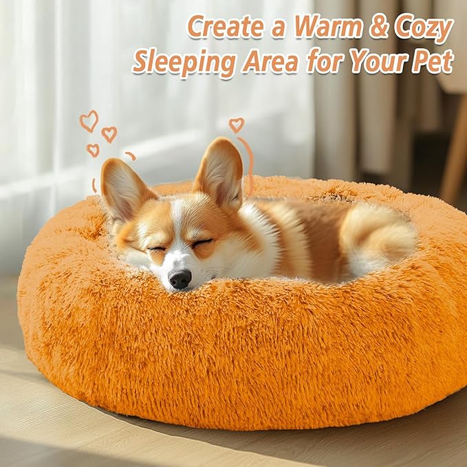 JOLLYVOGUE Calming Dog Bed for Small Dogs - 23 inches Donut Washable Small Dog Bed for Kittens & Puppies, Anti-Slip Round Fluffy Plush Faux Fur Cat Beds (Fits up to 25 lbs Pets, Orange)