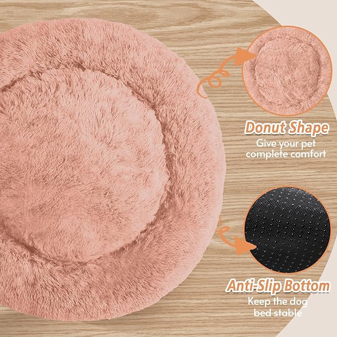 JOLLYVOGUE Calming Dog Bed for Small Dogs - 23 inches Donut Washable Small Dog Bed for Kittens & Puppies, Anti-Slip Round Fluffy Plush Faux Fur Cat Beds (Fits up to 25 lbs Pets, Peach Pink)