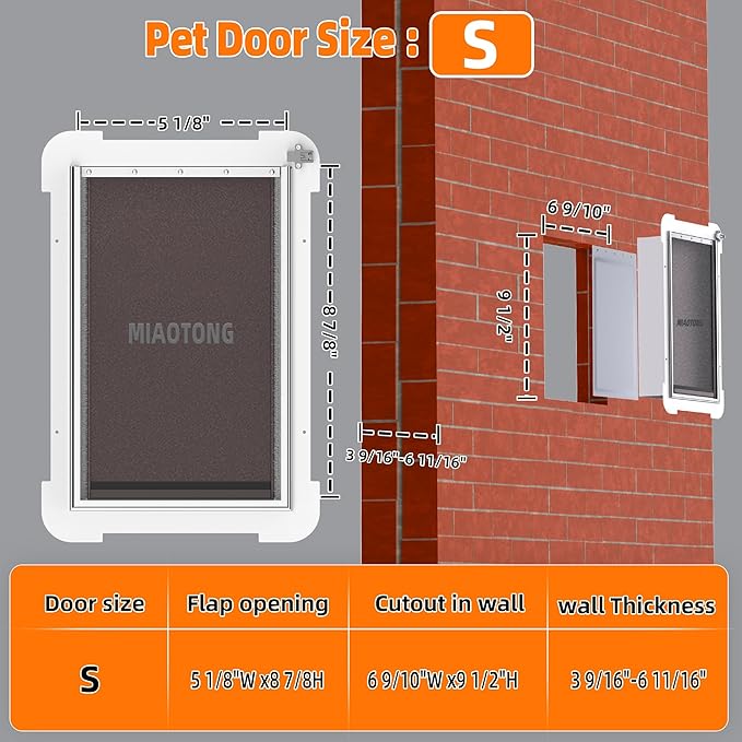 MIAOTONG 3-Flap Cat Door for Wall, Double Magnetic Flaps Dog Door for Wall, Aluminum Lock Doggy Door,Steel Frame and Telescoping Tunnel Dog Doors and Cat Door(Pets Up to 12 Lb) -Small