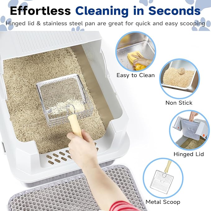 TENTIZON Stainless Steel Cat Litter Box with Lid, XL Large Covered Kitty Litterbox with Flip Top, High Side, Litter Mat, Scoop for Big Cats, Kitten, Multi-Cats Home, No Smell, No Mess, Easy Clean