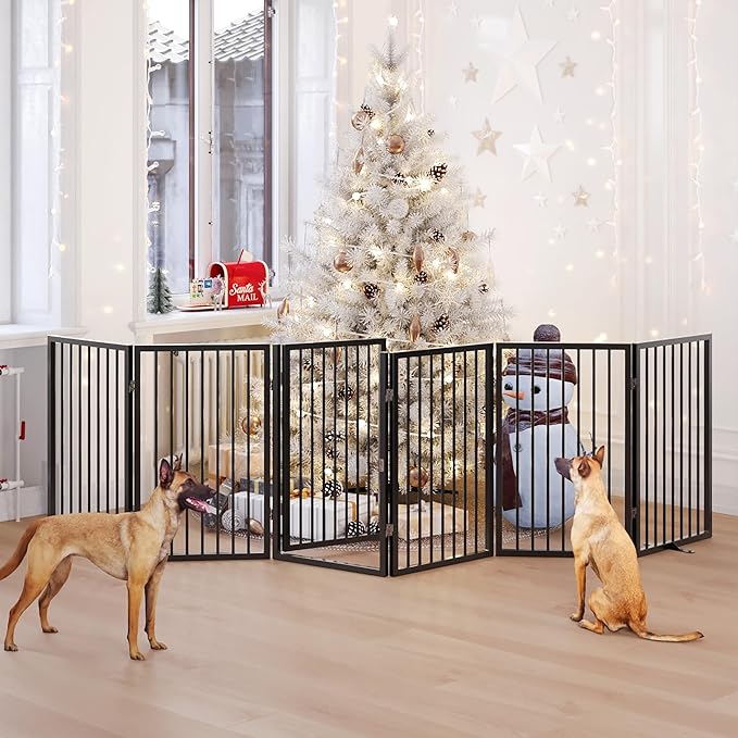Vantas Folding No-Assembly Metal Pet Gate 120" Wide, 32" Extra Tall Dog Gate with Door Walk Through, Freestanding Accordion Puppy Gate Dog Door for Indoor & Outdoor, with 2PCS Support - Black