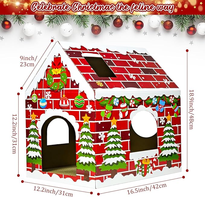 Cinrobiye Christmas Cardboard Cat House with Scratcher Pet Gingerbread Board Bed Cave Playhouse Hideaway Hideout Condo Decor Small Animals Scratch Box for Indoor Cats Kittens Rabbits Bunny (Red, 1)
