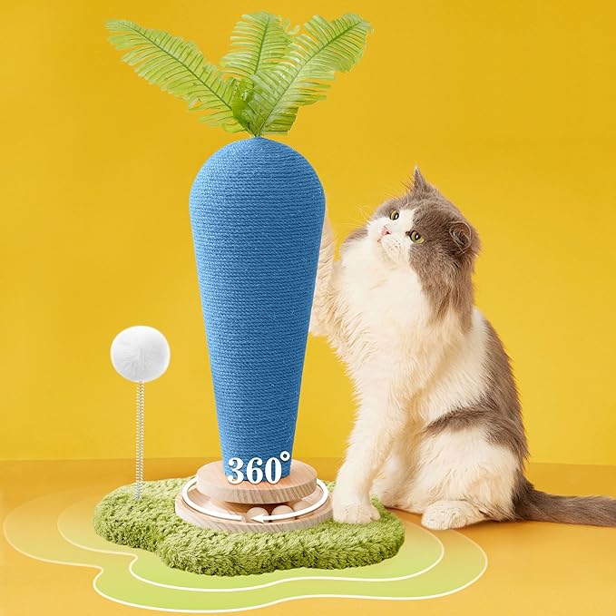 Cute Cat Scratching Post, Carrot Cat Scratcher Post with Durable Natural Wooden Turntable Toy and Catnip, 24'‘ H Blue Carrot Shape Design Sisal Cat Tree Sisal Scratcher for Indoor Cats (Cloud Base)