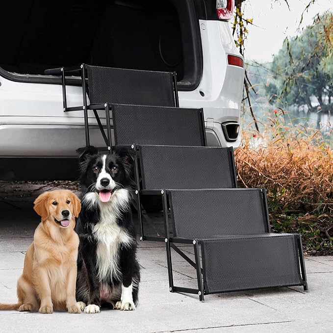 Dog Car Ramp - Portable 5-Step Aluminum Dog Stairs with Non-Slip Surface, Supports up to 250 lbs,17.3" Wide Foldable Dog Steps for Cars, SUVs, High Beds, and Trucks