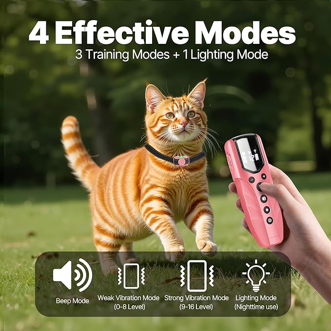 Cat Training Collar No Shock,Tiniest Vibrating Cat Collar with Remote 2000ft, Vibration Collar for Small Cat 5-15lbs & Medium Large Cats, Safe Lock, Beep, Vibrate, No Prongs, Waterproof, Pink