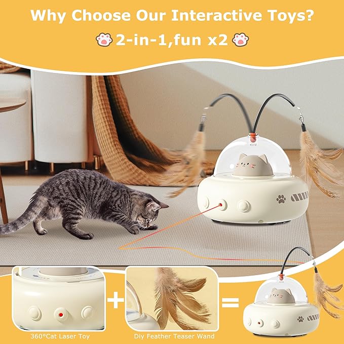hooroor 2-in-1 UFO Laser Cat Toy with Feather, Automatic Motion Smart Sensor Interactive Toy for Indoor Cats & Small Dogs, Rechargeable 360° Obstacle-Avoidance Exercise Toy, Fun Self-Play Pet Gift