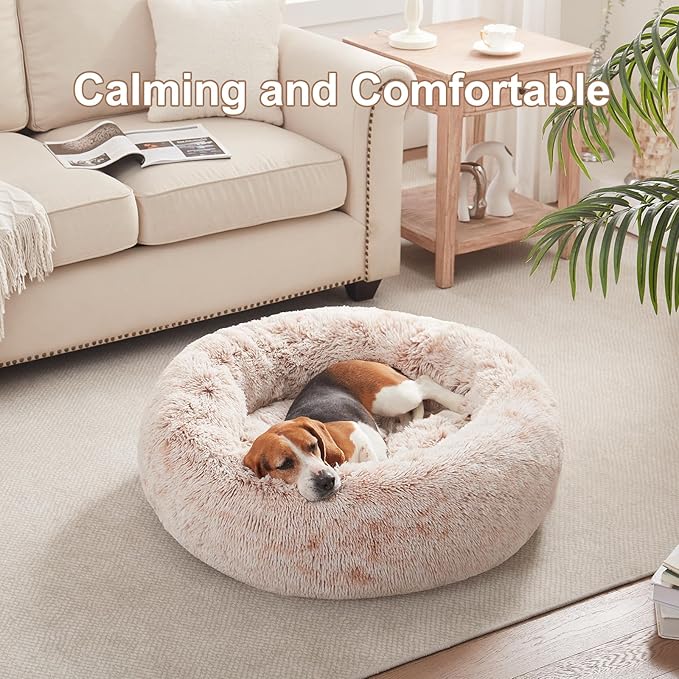 33 inches Donut Dog Bed for Medium Large Dogs,Calming Fluffy Round Pet Bed with Removable & Washable Cover,Fits up to 65 lbs Pets(Brown,M Plus)