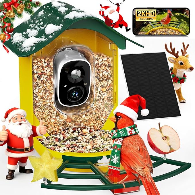 PeckCam® Smart Bird Feeder with Camera 2K HD Auto Detect & Notify, AI Identify 10000+ Birds Camera with Solar Panel 5 Perch Attachments Wireless Outdoor Birdwatching Gift for Birds Lover, Yellow