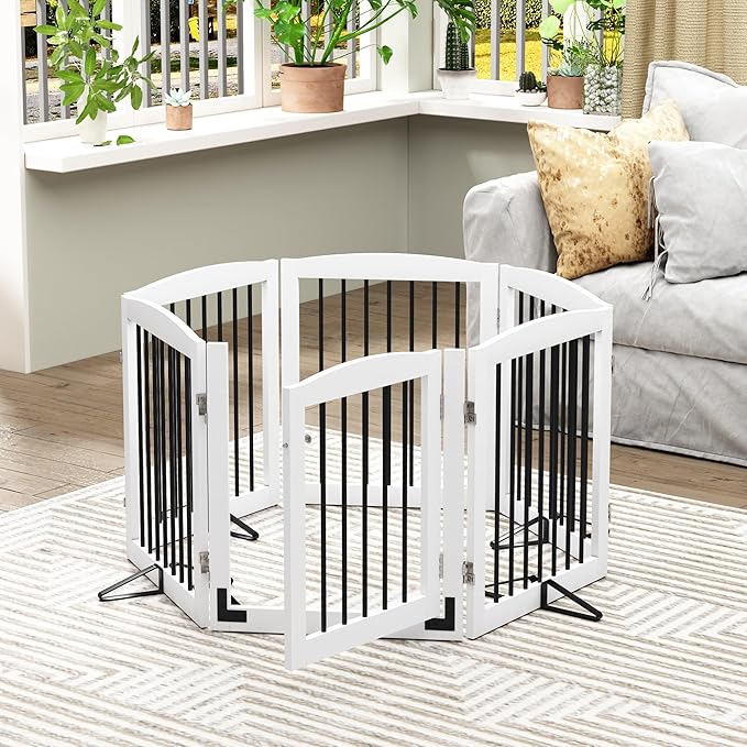 Freestanding Pet Gates with Walk Through Door, Dog Indoor Fence, Dog Gate for The House, Stairs, Extra Wide Pet Gate, Support Feet Included, 120 Inch Wide, 6 Panels 24" Tall, White & Black